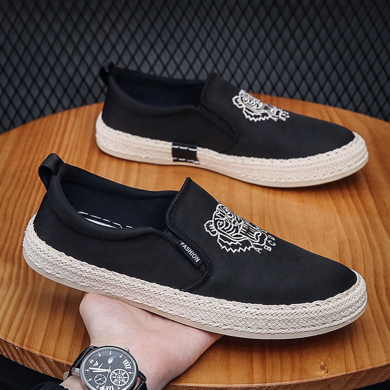 Espadrille Slip On - Preto sapatos respiráveis para homem mocassins